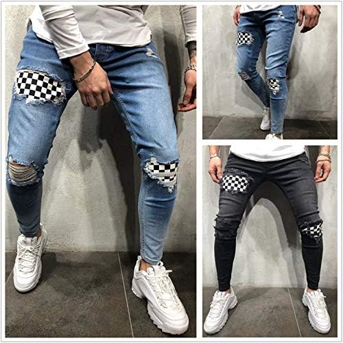 Andongnywell Men's Moto Biker Jeans Angustados buracos rasgados calças de jeans magras com botão de zíper com zíper