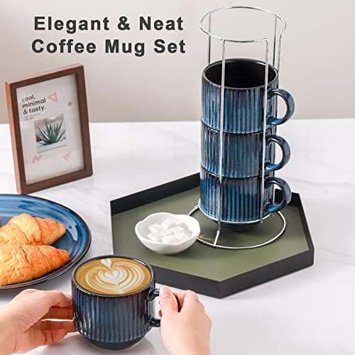 Conjunto de canecas de café grande Hasense de 4 com suporte - 15 oz de xícara de leite com nervuras de cerâmica para cappuccino, chá,