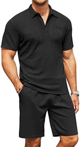Coofandy Men's Waffle Knit Polo Camisa e shorts Definir 2 peças roupas de verão traje casual com bolsos
