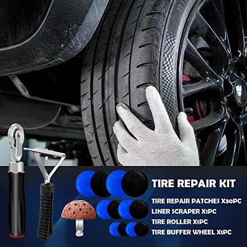 FHTDW 34PCS Kit de remendo de reparo de pneus, raspador de revestimento interno do rolo de pneu com reparo de pneu Reparação da cabeça