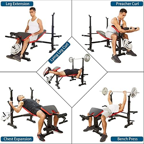 Banco de Bancada de 600 libras Banco de Peso Olímpico Conjunto com Rack & Leg Developer & Preacher Curl Curl Rack multifuncional Conjuntos de exercícios de pregador dobrável Conjunto de exercícios para o corpo Full Body Home Gym