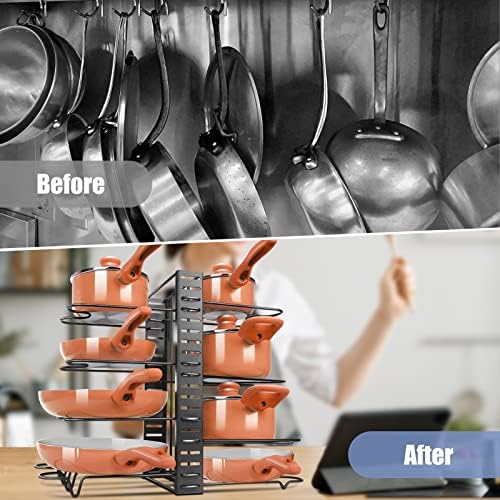 ALMCMY PAN Organizer Rack, Pot Rack com 3 métodos de bricolage, vasos ajustáveis ​​e organizador de panelas com 8 níveis, organizador de maconha pesado para armazenamento da organização de cozinha, envie um pano de limpeza