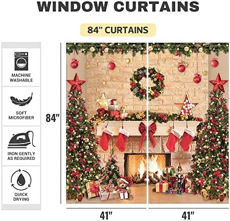 FunnyTree Christmas lareira cortinas de janela para crianças Merry Natal Xmas inverno Ano Novo Presentes da Árvore Holida de Férias Quarto de Berçário Criança Decoração de festa em casa Máquina de tecido durável lavável 82 em x 84 em