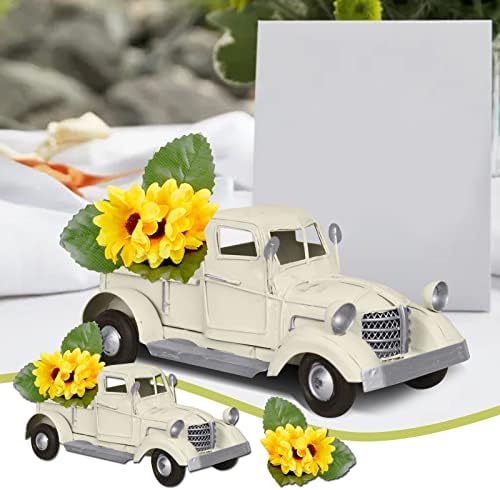 Decoração de férias Mini Caminhão Metálico Branco com Flores Decoração de Bandejas em camadas Decoração de bandeja em camadas Vintage Amarelo de madeira