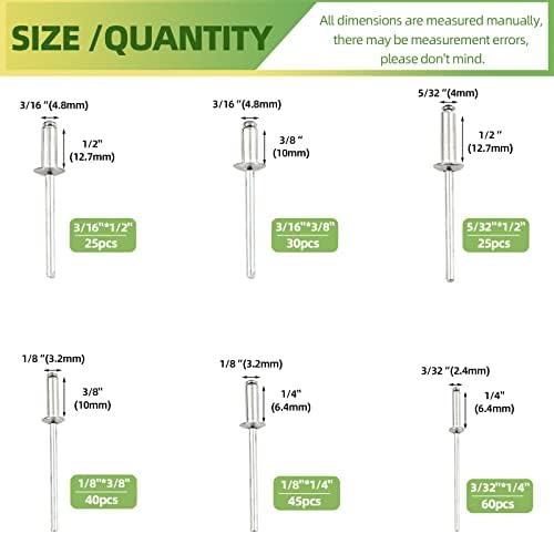 Keadic 226pcs Rivador manual de serviço pesado com 6 tamanhos kit de sortimento de rebites cegos de alumínio, m2.4