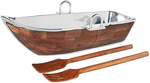 Godinger Wood Lined Boat Bowl com servidor de salada, prata