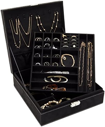 Black Jewelry Box com trava e chave, estampa de viagem de 2 camadas e organizador de armazenamento com bandeja removível para brincos,