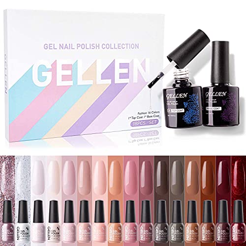 Kit de esmalte Gellen Gel - com casacos top e base, kit de polimento de gel de 16 cores, conjunto de unhas de brilho