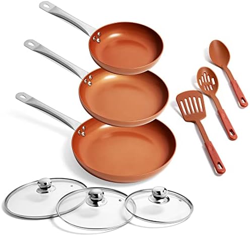 PAN de frigideira Razab Set com tampas, 8 , 9,5 e 11 Fring Pan Set, frigideira antiaderente Conjunto de frigideiras, panelas de cobre com tampa, frigideiras antiaderentes com tampas 8, 9,5 e 11 Conjunto de panela de cobre