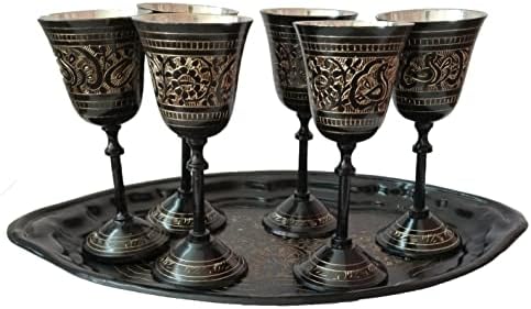 Parijat Handicraft Conjunto de 6 cálice com bandeja de vinhos de latão pura de vidro de vidro de vidro de vinho de vinhos