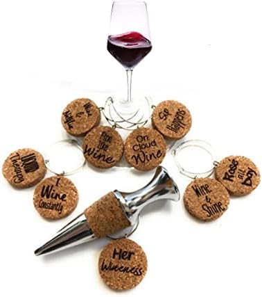 Charms de vinho para copos de caule, marcadores de bebida de cortiça etiquetas com ditados engraçados, 9 PCs Wine Glass