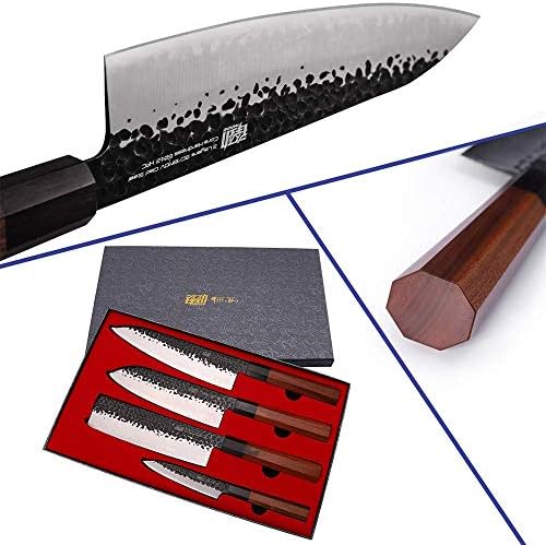 Encontrando 4pcs Knife Set Dynasty Series-3 Camada 9CR18MOV Aço revestido com alça de octógono Chef's Chef com 18 '' Acacia