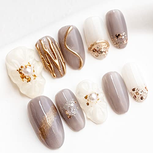 Sun & Beam Nails Made Handmed Press On Unhew Medium Long Coffin Ballerina Grey Golden Flower Pearl Tip Fake Tip 3D Design Arte Charms fofos com caixa de armazenamento 10 PCs