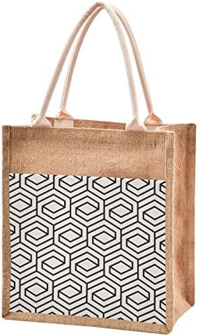 Cataku Jute Tote Lattice Grid Geométrica Sacos de Toléia de Bolsa Alinhada com Handles Sacos de Mercearia Reutilizáveis ​​Para Mulheres Compra Tote Bolsa de Viagem de Praia 13 X 14