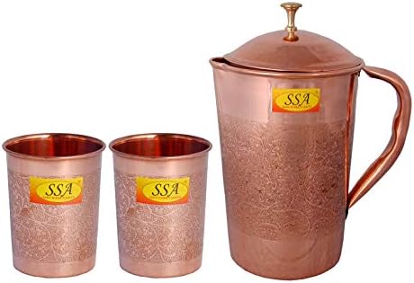 Designer de Artes Shiv Shakti Eatching, design em relevo Pure Copper Jug Glasses Conjunto | Conjunto de Drinkware- - 3 peças