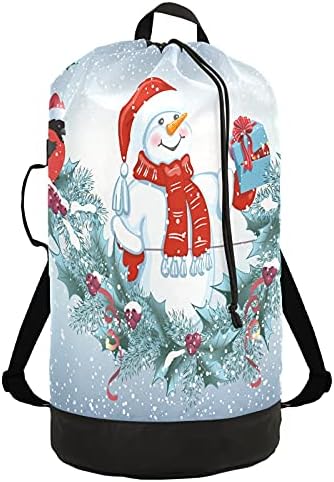 Cartão de Natal, boneco de neve em Santa Hat Hat Laundry Bag mochila para lavar roupa pesada com alças e alças de viagem Bolsa de roupa