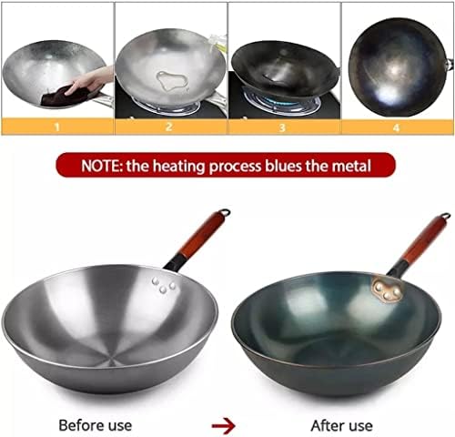 Wionc Tradicional chinês wok, panela de ferro fundido em aço carbono wok de fundo redondo, maçaneta de madeira anti-escala, para fogão a gás de cozinha