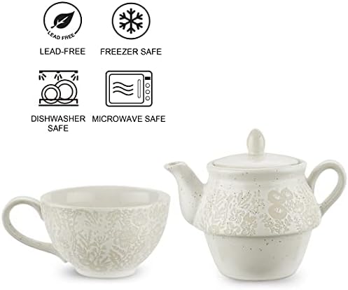 Taimei Teatime Ceramic Tea para um conjunto, bule de 15 onças com infusador e xícara para um com bastão de dipper de mel, presente de chá branco para mulheres, adultos, conjunto de chá de chá/chá de folhas soltas