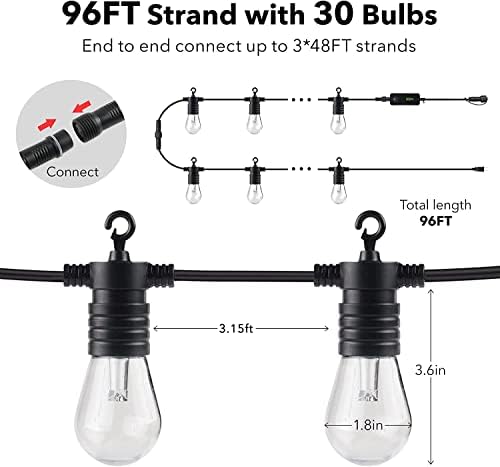 Luzes de cordas ao ar livre HBN 96 pés, luzes do pátio LED SMART RGBW Alteração de cor luz de corda 30 lâmpadas, controle de aplicativos