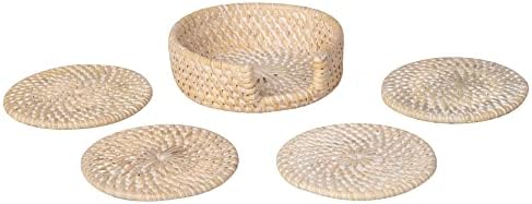 Coasters de vime redonda de Loma com suporte, conjunto de 4 montanhas-russas, lavagem branca