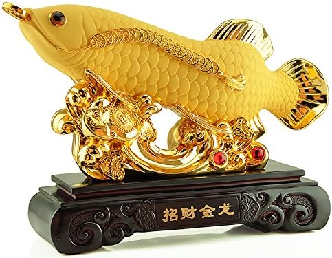 Wenmily size grande feng shui riqueza dourada arowana lucky peixe estátua, decoração de sala de estar de escritório, melhor presente para abertura de negócios, decoração de feng shui