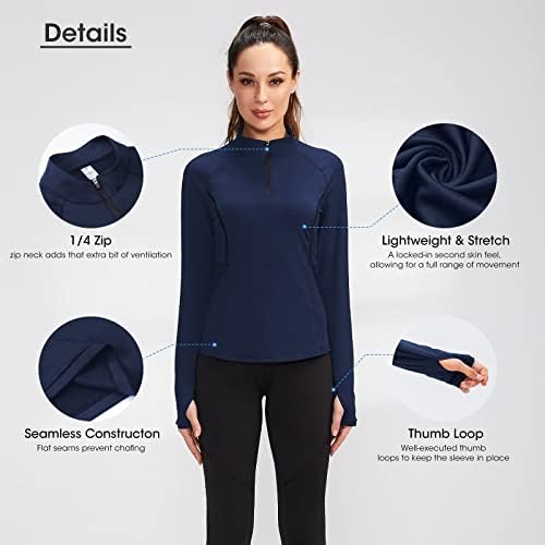 Tesuwel Feminino 1/4 Zip Athletic Shirts Thumbhodres upf 50+ Rápido de manga longa de manga longa de corrida Tops