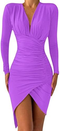 Vestido de manga longa para mulheres, vestido de corpo de pescoço de pescoço, vestido corporcão moda de moda de fenda