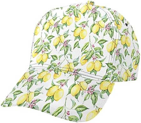 Wozukia Limões amarelos frescos diariamente, chapéu de beisebol de beisebol ao ar livre folhas verdes e flores rosa decoração de aquarela sem costura tema de fruta feminina lazer masculino chapéu pode ser ajustado