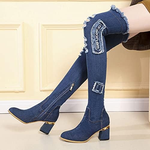 Botas altas da coxa feminina Denim de orifício de orifício sobre as botas de joelho com zíper lateral com botas de cowboy