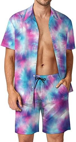 TIY Dye Men's 2 peças Roupas de praia Button Hawaiian Camisa de manga curta e ternos de shorts