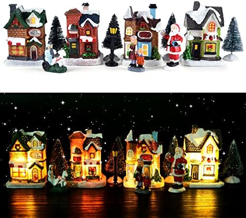ELECLAND 12PCS Christmas Village Conjuntos, Casas de Christmas Village com Brush Brush Trees Figuras de Natal, Mini