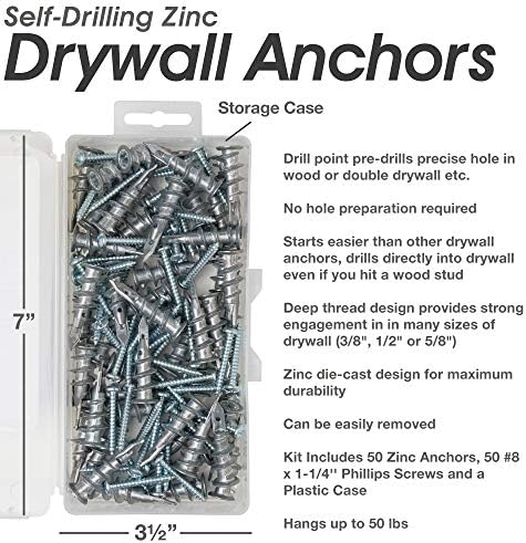 Qualihome pesado zinco auto drill drywall âncoras e parafusos kit | Inclui 50 âncoras de drywall, 508 1-1/4 polegadas