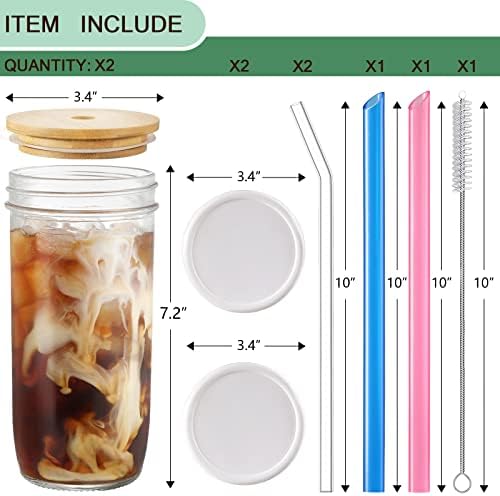 2 xícaras de pacote Conjunto - jarra de pedreiro de 24 onças com tampas de bambu e palha de vidro e 2 tampas herméticas - copos