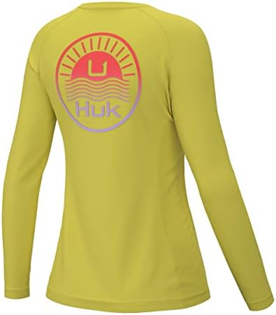 Huk Women's Standard Pursuit de manga comprida camisa de desempenho + proteção solar, ondas de sol amarelo-cítrico, médio