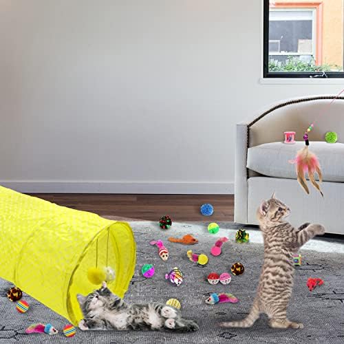 Conjunto de brinquedos de gatinho de gato, os brinquedos de gato pacote para gatos internos interativos, incluindo mouse fofo, túnel, ratos, bolas coloridas e sinos