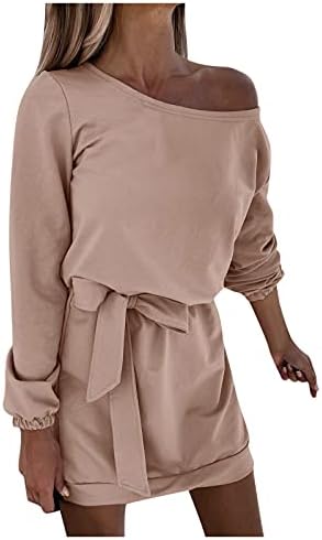 iqka damas vestidos de cor sólida cinto de manga comprida ombro frio casual mini vestido camisetas para mulheres
