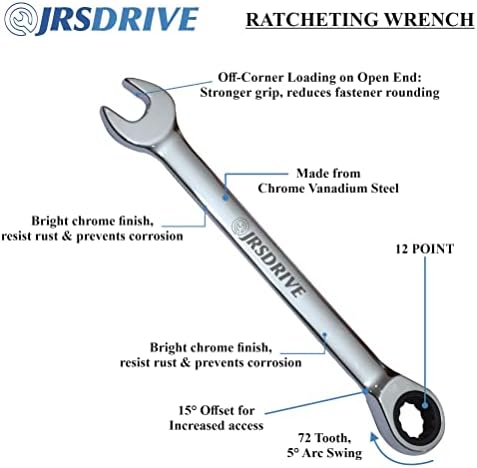 JrsDrive Ratcheting Chave de 7 Peice, SAE, acabamento de espelho banhado a cromo polido completo