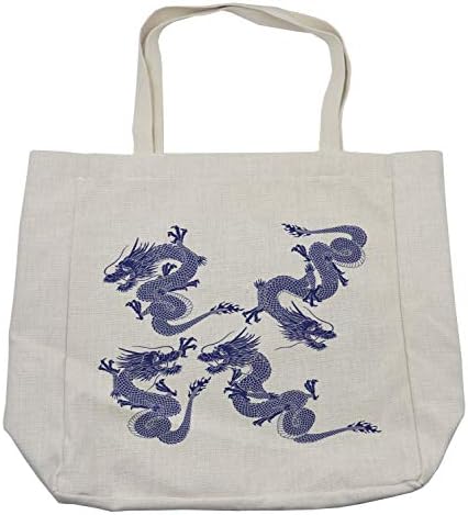 Bolsa de compras de Dragão de Ambesonne, dragões japoneses indígenas, fundo branco criaturas de vitalidade Myth Print, bolsa reutilizável ecológica para a praia de mantimentos e mais, 15,5 x 14,5, creme