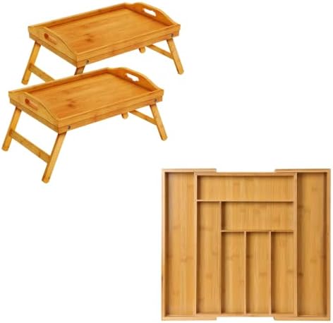 Tabela de bandeja de cama de bambu Pipishell com pernas dobráveis+organizador de gavetas expansível de bambu