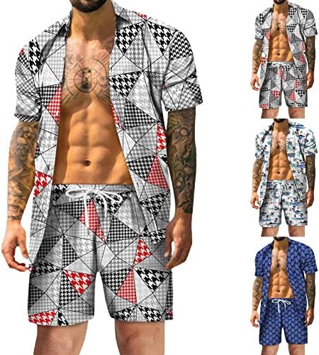 Camisa casual impressa no verão abotoou a manga casual masculino short curto conjunto de trajes masculinos de praia conjunto
