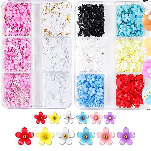 2 caixas coloridas 3D Flor Nail Art Charms acrílico branco rosa azul flores de cerejeira Flores de unhas com miçangas de bola