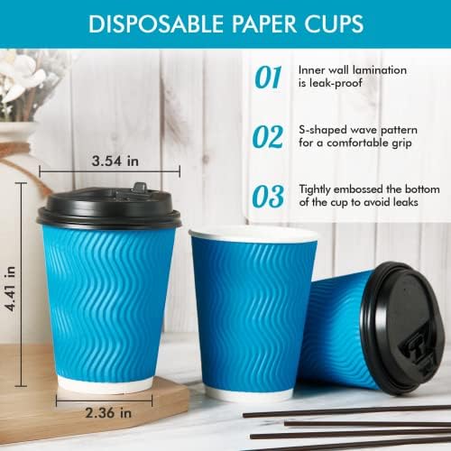 Dailypack [100 pacote de café descartável de 12 onças com tampas e canudos, xícaras de café de papel de parede de ondulação