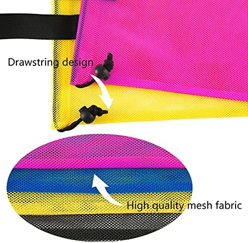 Hsmyank reutilizável 4Pack colorido Mesh Beach Sacos, sacola de compras em malha com cordão para viagens, brinquedos, presentes ou