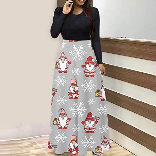 Vestidos maxi femininos mangas compridas Camisa de colher de pescoço vestido de Natal de Natal