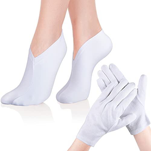 Meias e luvas hidratantes, 6 pares de meias de spa e 6 pares de luvas brancas para mãos secas, luvas de pano branco para homens e mulheres