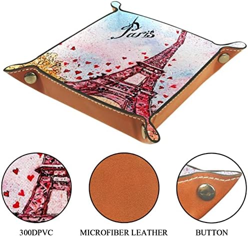 Bandeja de manobrista de couro, ilustração de aquarela de cartão postal vintage Paris France Eiffel Tower, caixa de armazenamento Organizador de armazenamento de desktop cubo para carteiras Relógios Chanes de moedas telefones celulares e equipamentos de escritório