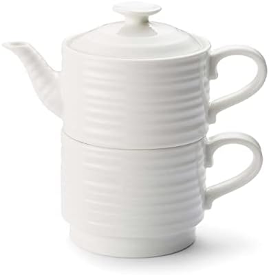 Portmeiron Sophie Conran Tea para um | Conjunto de bule, copo e pires | Conjunto de chá empilhado para casa ou escritório | Feito de porcelana fina | Lava -louças e cofre de microondas