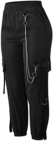 Nrealy Women Cargo Pants Black Zipper Multi-bolso calças de carga casual