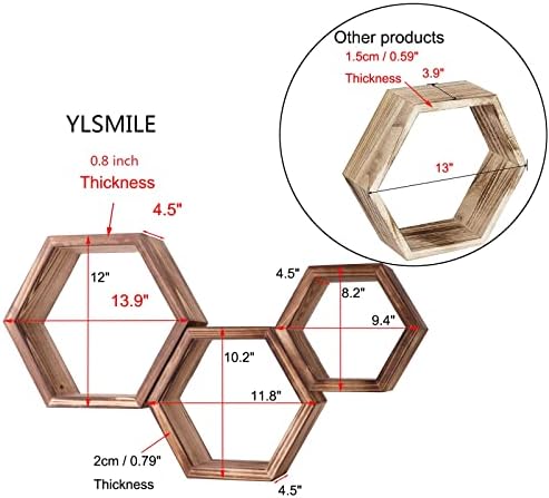 Prateleiras flutuantes do ylsmile hexagon - conjunto montado na parede de 3 prateleiras de parede flutuantes prateleiras de madeira boho parede dCeor honeycomb hexagon prateleiras de madeira para parede no banheiro, cozinha, quarto, sala de estar