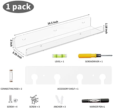 HEXSONHOMA 16,5 '' Conjunto de prateleira de parede transparente de 1, prateleira de exibição de montagem de parede acrílica,